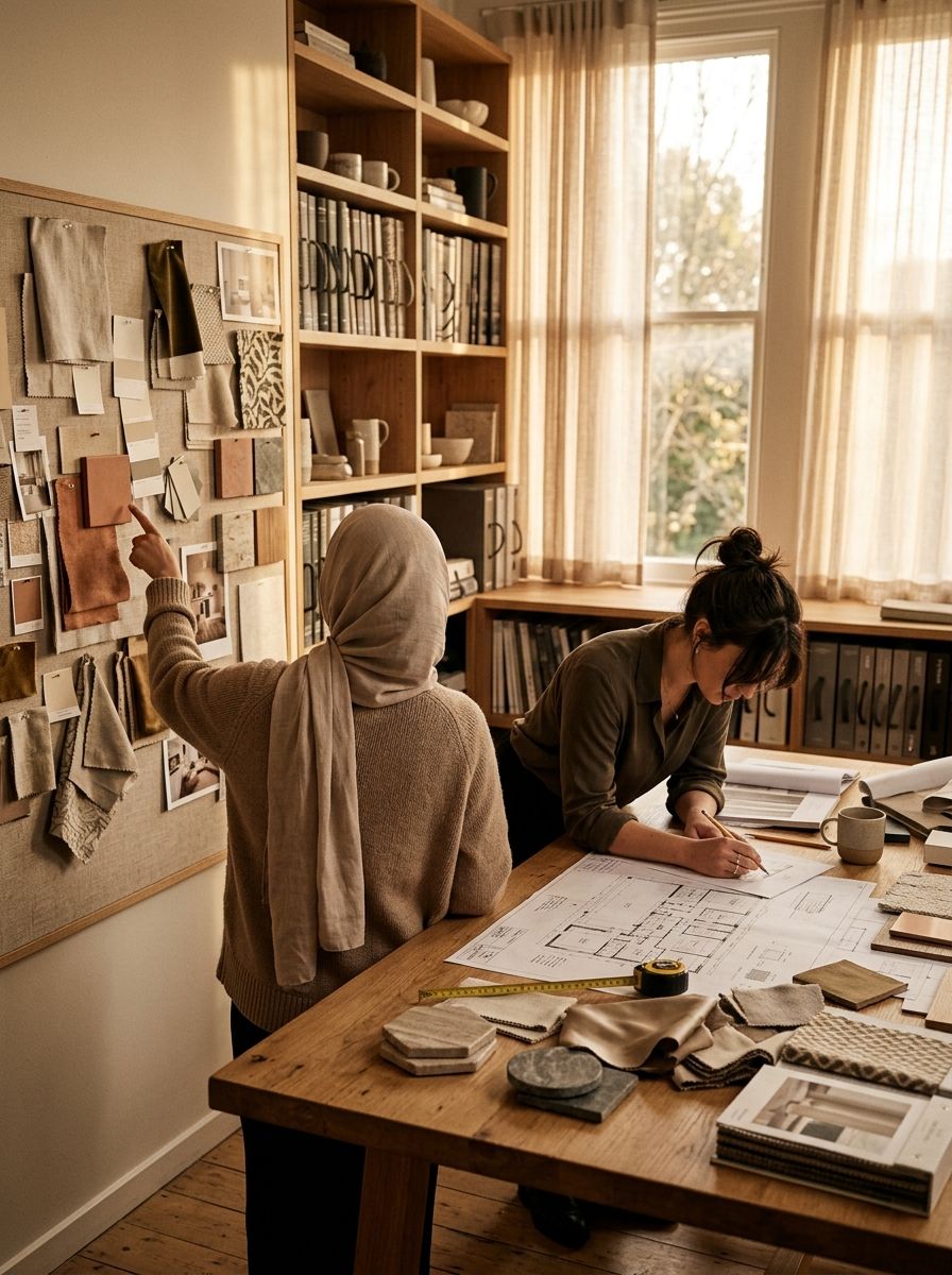 Two designers working on mood boards and floor plans