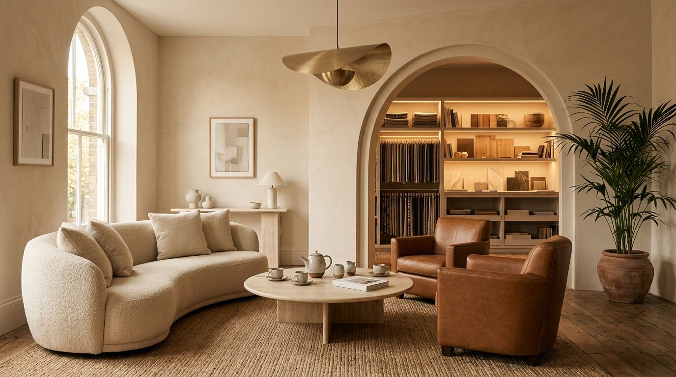 Showroom welcome lounge with a curved sofa and coffee service