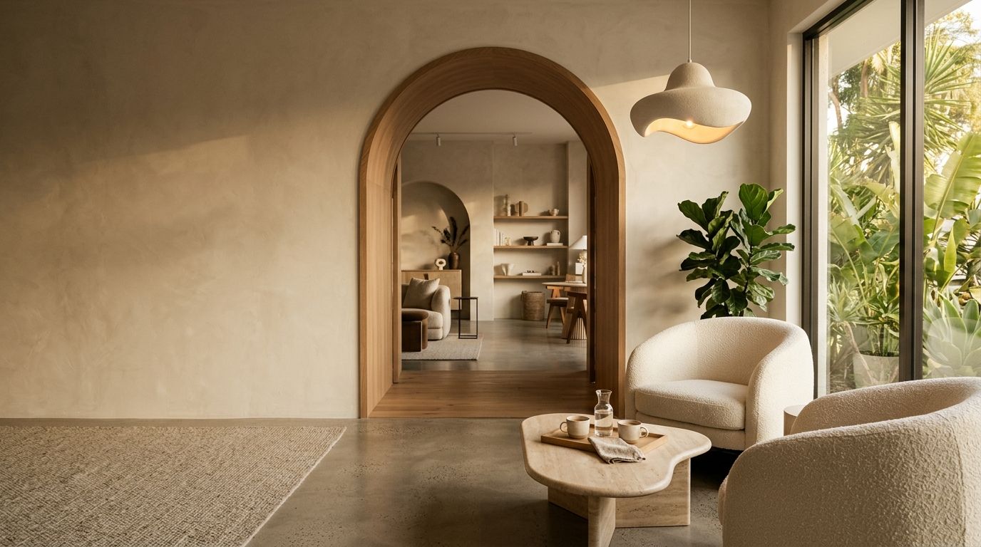 Showroom entrance lounge with bouclé armchairs and an arched doorway