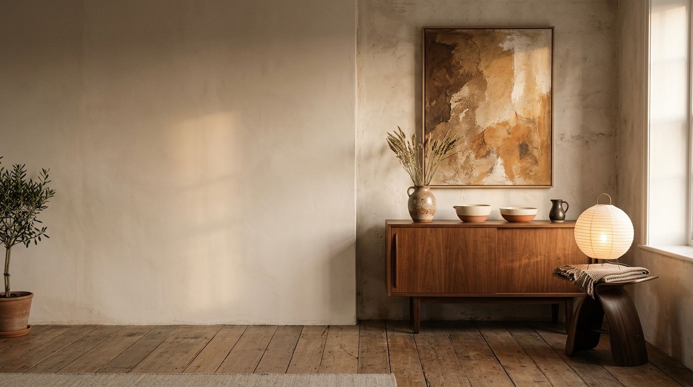 Styled walnut sideboard with ceramics and an earthy abstract artwork