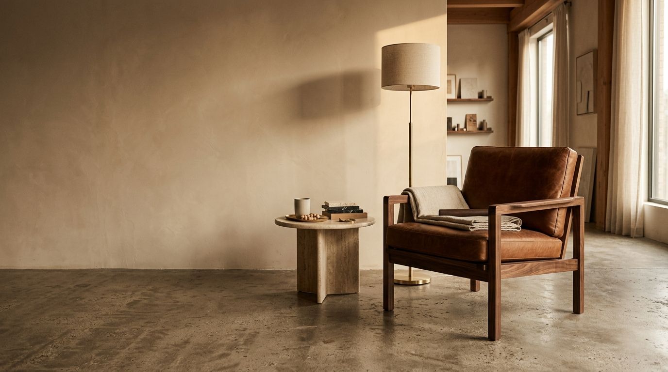 Walnut lounge chair with cognac leather in a calm gallery space