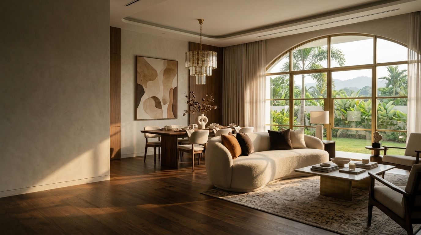 Living and dining space with an arched window and curved sofa