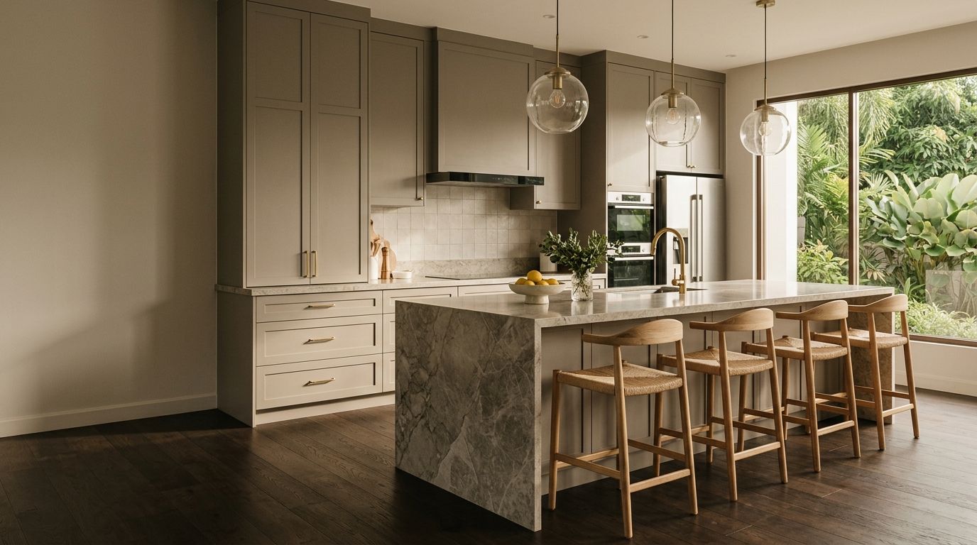 Warm kitchen with a stone waterfall island and oak stools