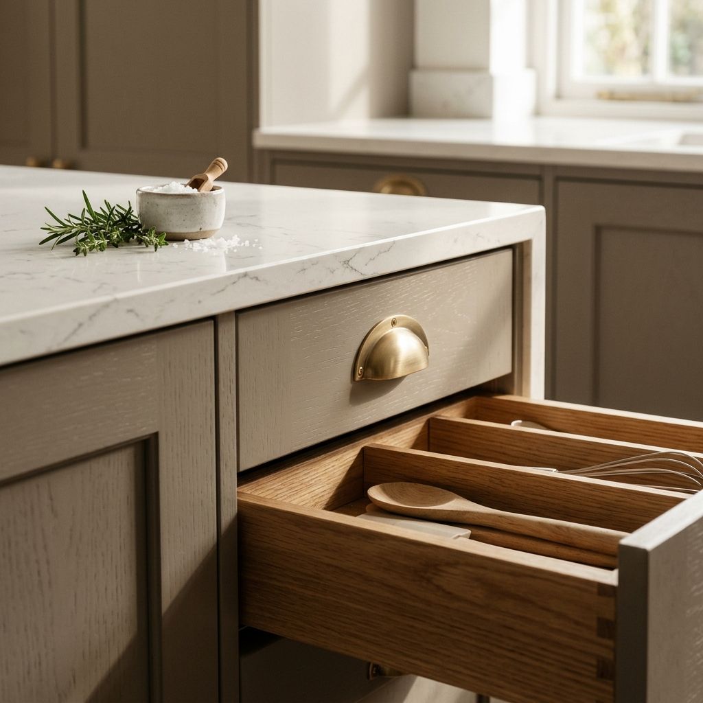 Quartz countertop, shaker drawer and brushed-brass handle in close-up