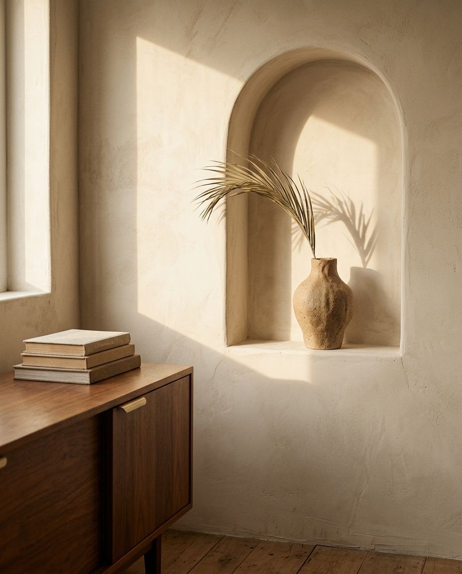 Arched plaster niche with a stoneware vase and dried palm leaf