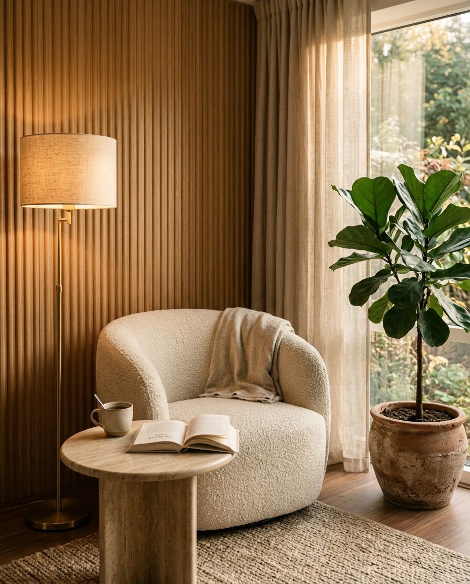 Cosy living corner with a bouclé armchair