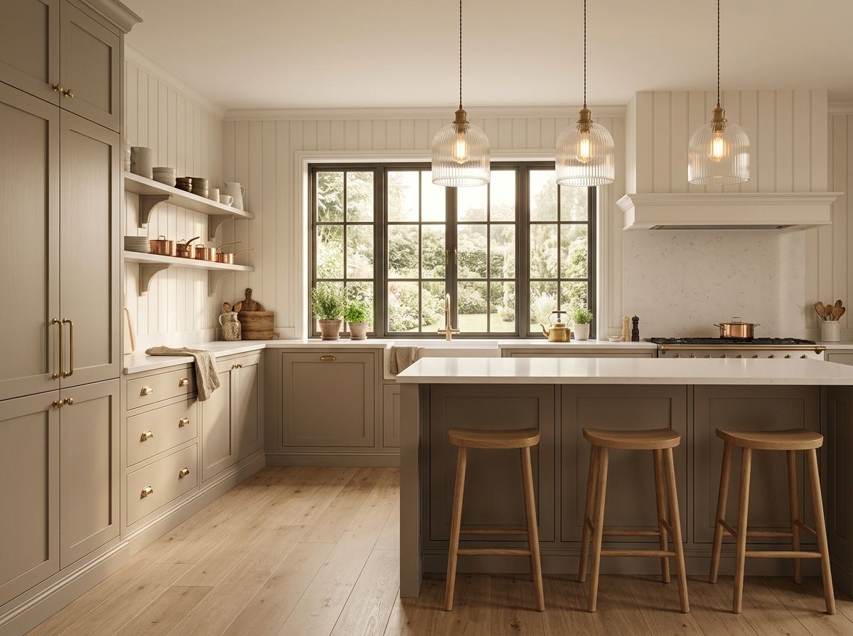 Transitional kitchen with a white island and oak stools