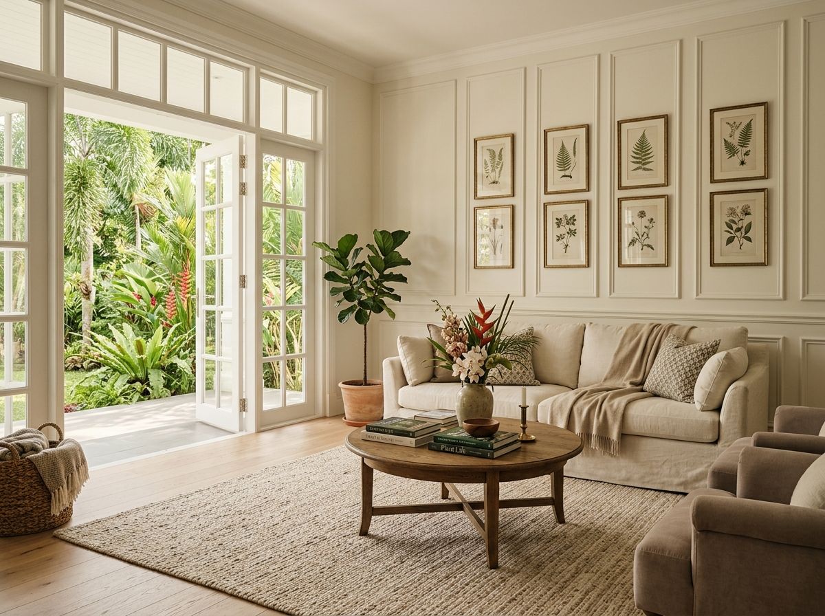 Transitional living room with botanical prints