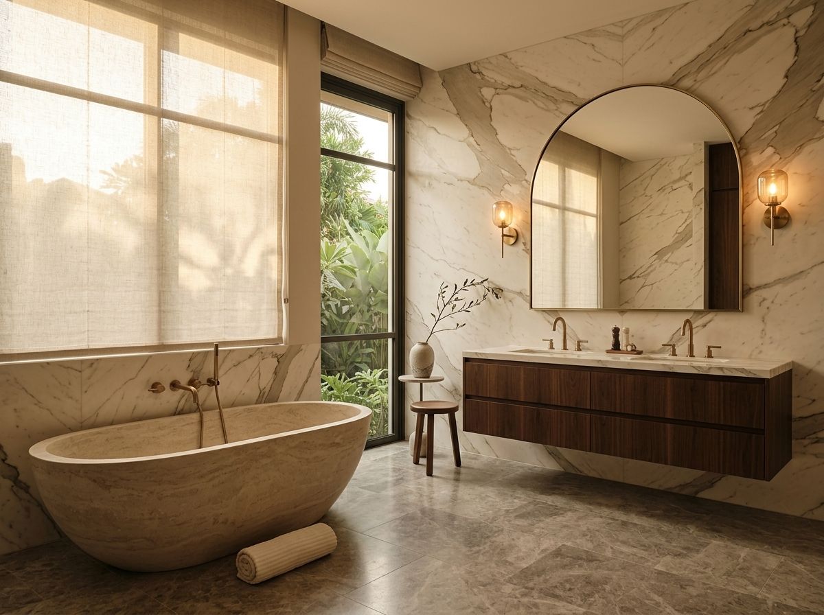 Marble bathroom with a freestanding stone bath