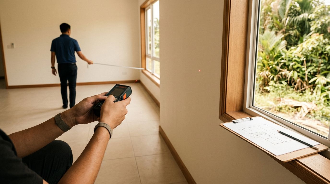 Designer measuring an empty new house with a laser measure