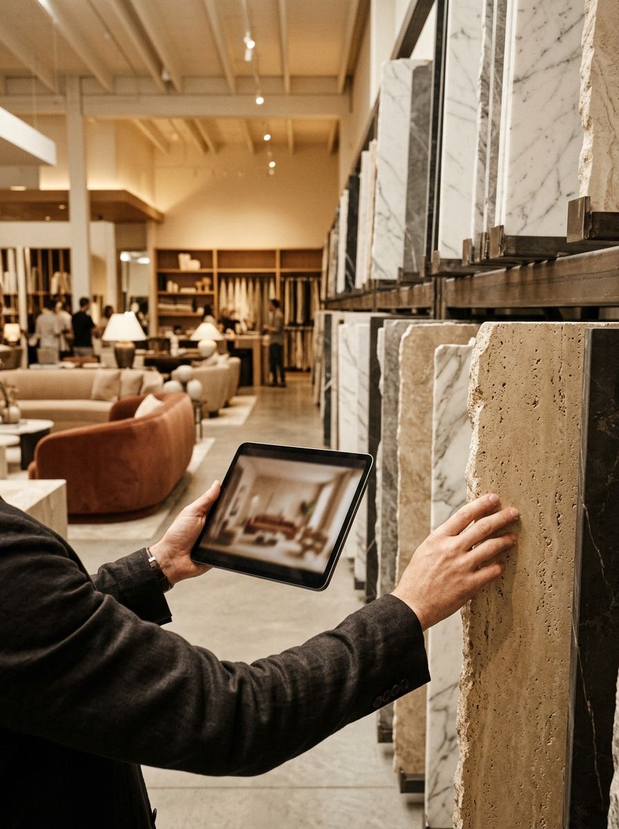Browsing stone slabs at a materials sourcing showroom